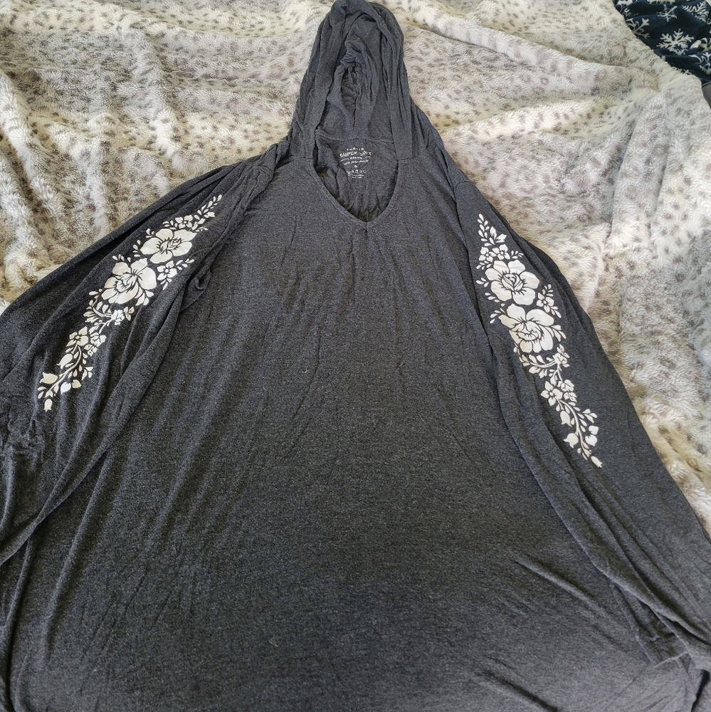 Torrid, hooded long sleeve ultra soft shirt with designs on sleeves